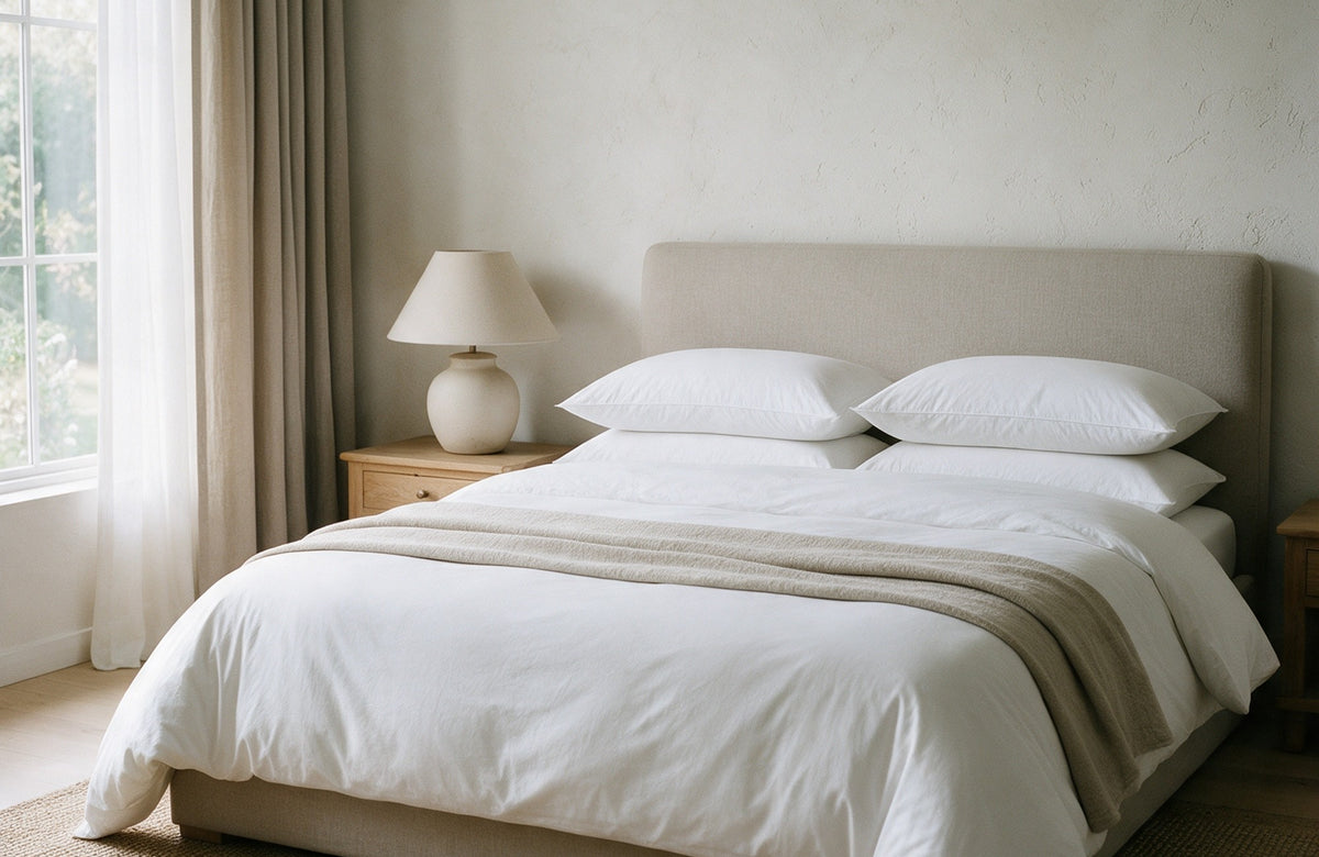 Hotel quality bed pillows on a made bed in a calm oat bedroom