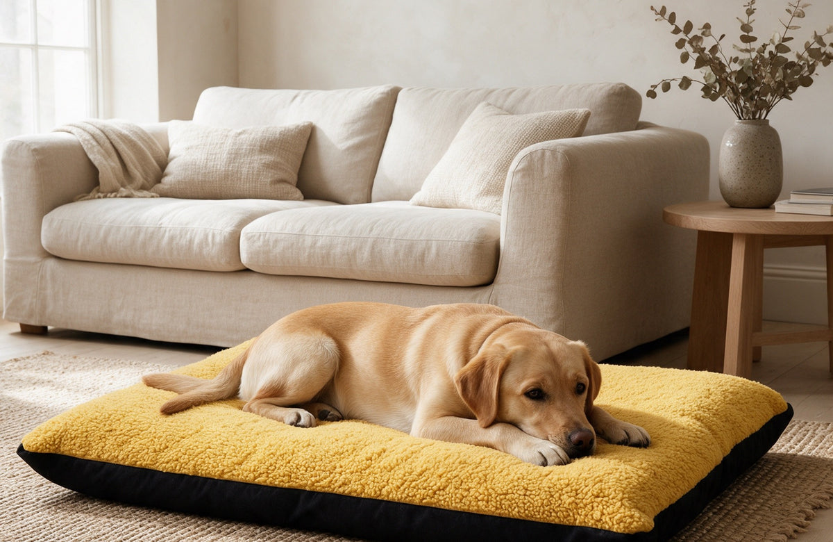 Dog bed cushion with a washable zipped cover in a living room