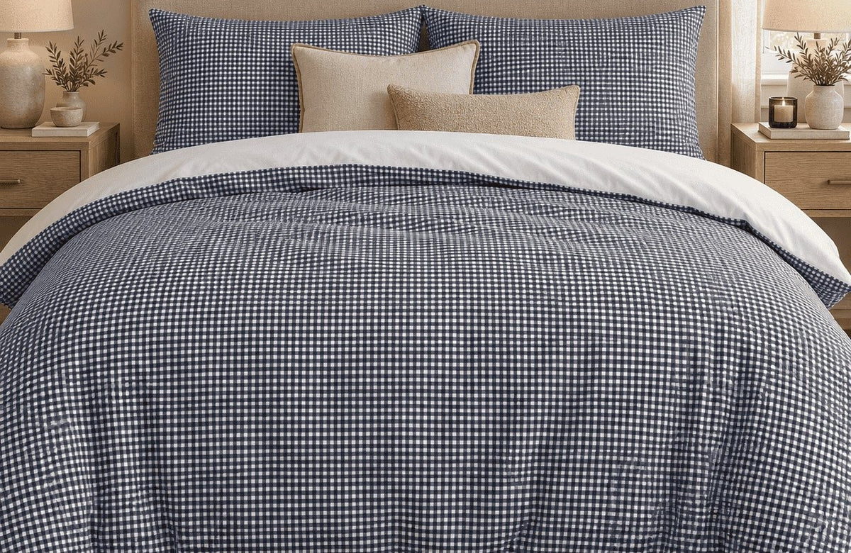 Navy gingham duvet cover set on a double bed