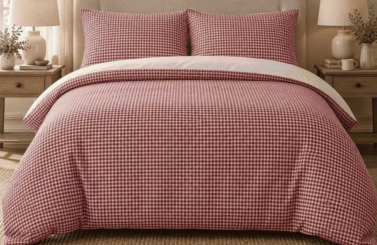Raspberry red gingham duvet cover set on a bed
