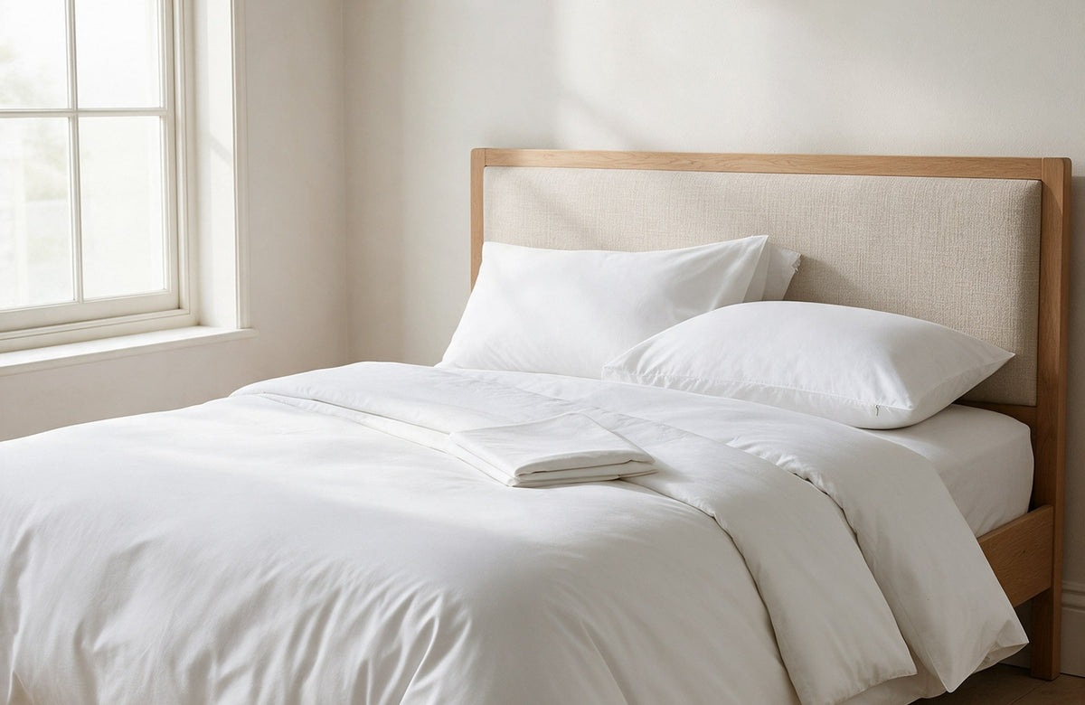 Zipped microfibre pillow protectors on pillows on a made bed