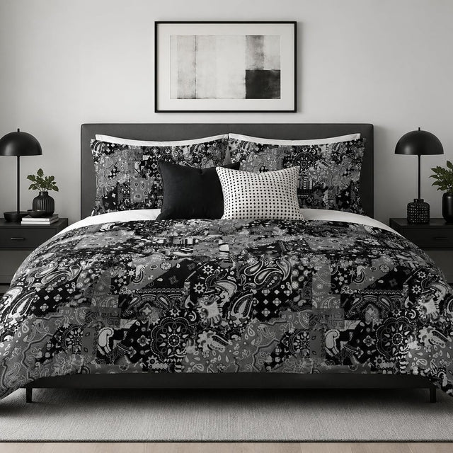 Black & White Bandana Patchwork duvet cover set, front view showing black, grey and white paisley patches
