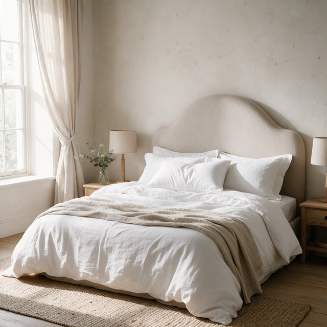 Duck Feather Pillows 48x74 cm on a made bed with an oat linen headboard in morning light