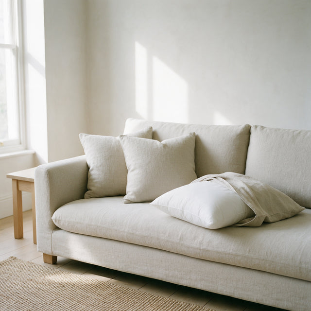 Hollowfibre Cushion Pad going into an oat linen cushion cover on a linen sofa