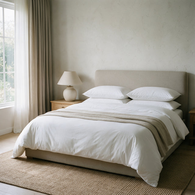Hotel Quality Pillows 48x74 cm on a made bed with an oat linen headboard in morning light