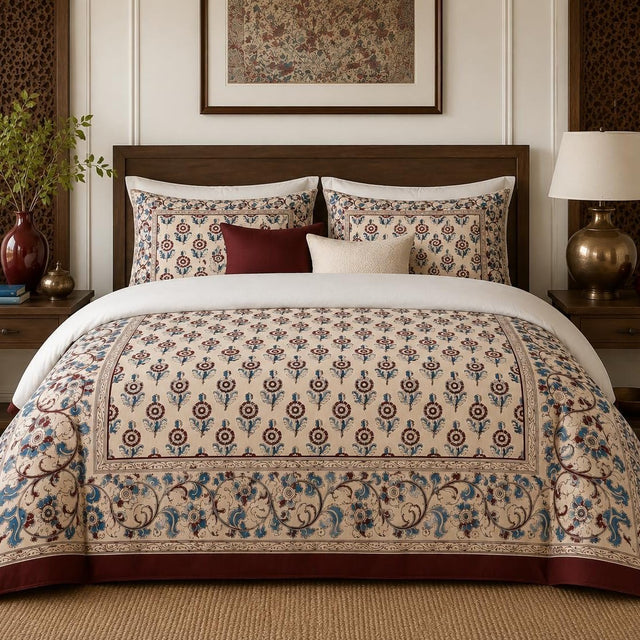 Ivory Burgundy Framed Heritage duvet cover set, room view showing the framed floral bed with dark wood and brass lamps