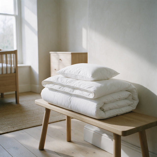 Kids Duvet & Pillow Set 7.5 Tog folded on an oak bench in a nursery