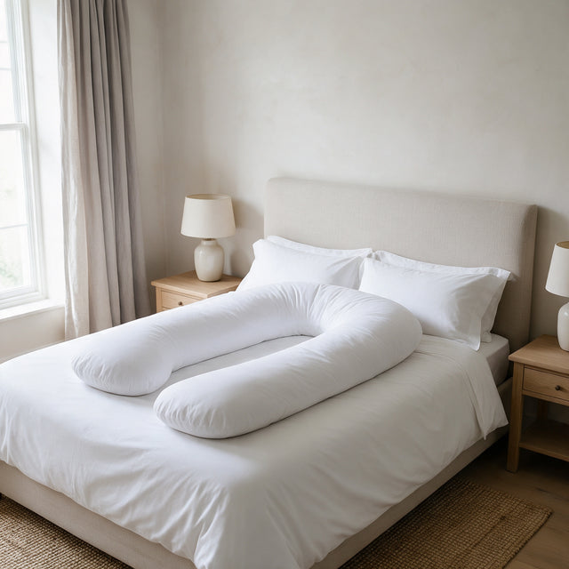 Maternity Body Pillow 12ft arranged in a U on a made bed