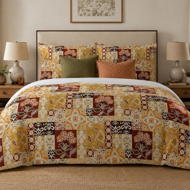 Mediterranean Tile Patchwork duvet cover set, front view showing mustard and burgundy tiles with Jacobean flowers
