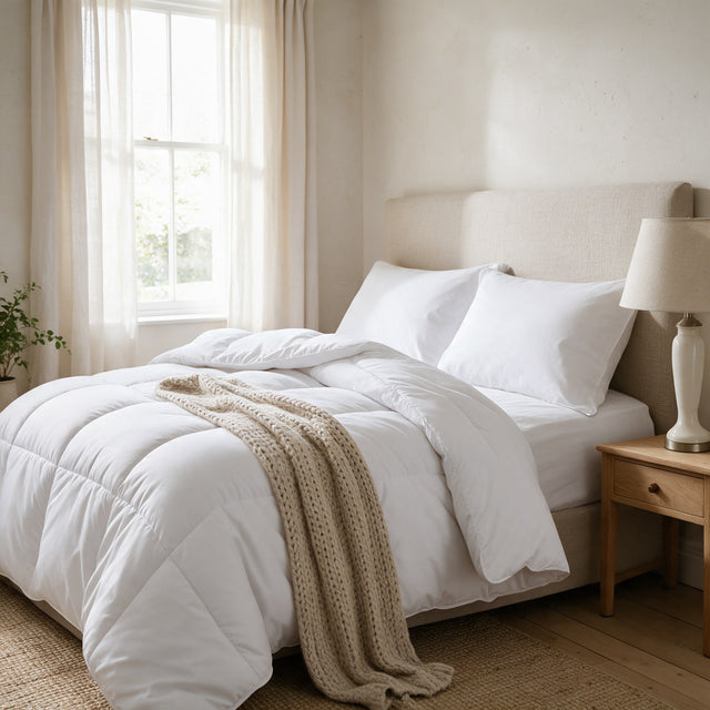 Microfibre Duvet on a made bed with an oat linen headboard and white pillows