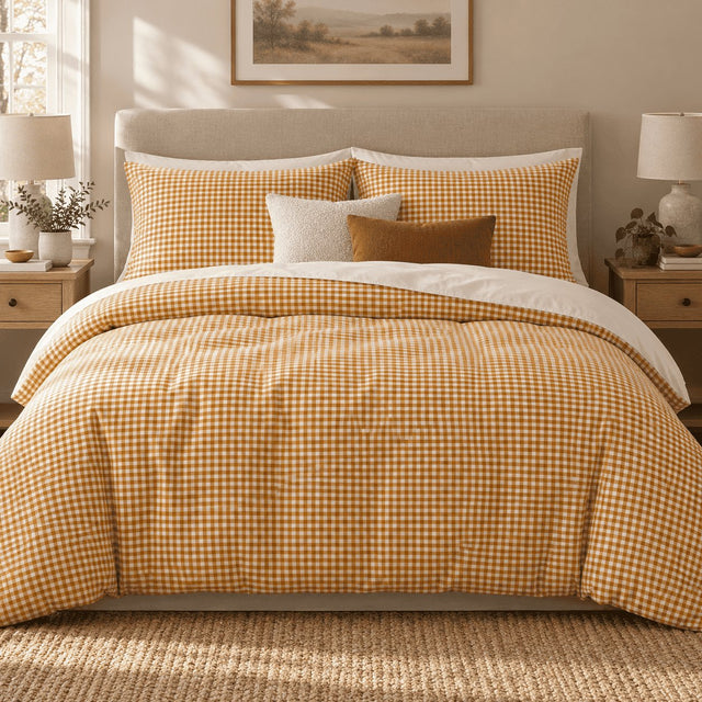 Mustard Gingham duvet cover set, front view showing the ochre check with cream and rust cushions on white pillows