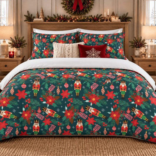 Nutcracker Poinsettia Christmas duvet cover set, front view showing nutcrackers and poinsettias on deep green