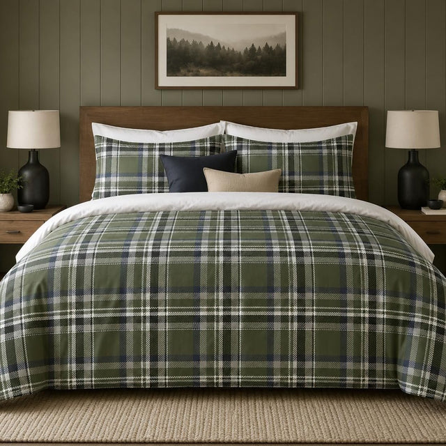 Olive Plaid duvet cover set, front view showing olive, navy and cream check on a walnut bed against sage panelling