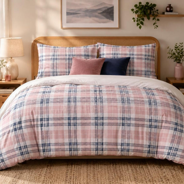 Pink Plaid duvet cover set, front view showing blush pink and white check with navy stripes on a cane headboard bed