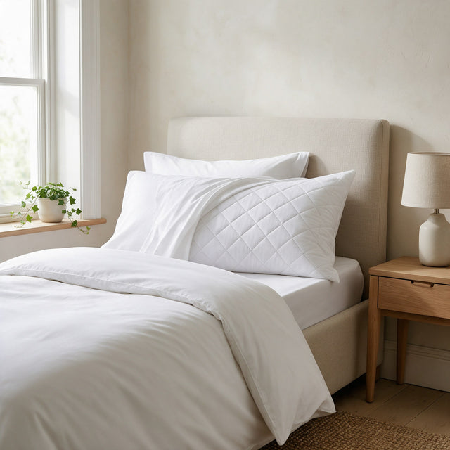 Quilted Pillow Protector on a pillow under a white pillowcase on a made bed