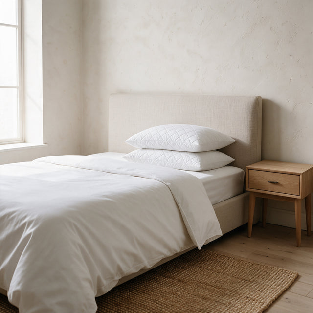 Quilted Pillows 48x74 cm on a made bed with an oat linen headboard in morning light