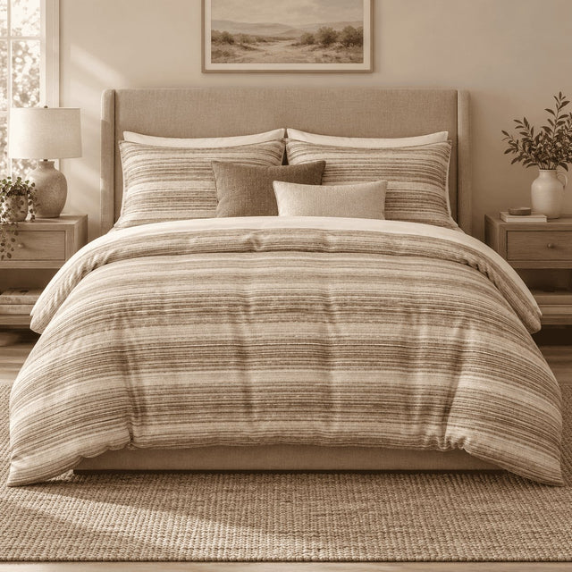 Sand Linen Texture Stripe duvet cover set, front view showing fine sand, taupe and caramel slub stripes