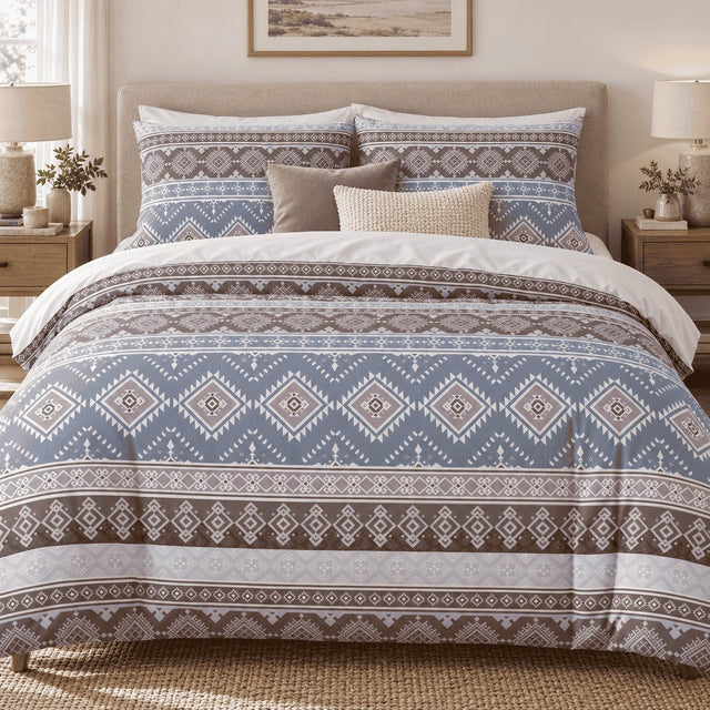 Slate Blue Aztec Stripe duvet cover set, front view showing large slate blue diamond band and mocha Aztec stripes
