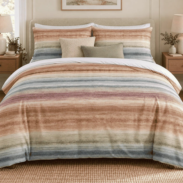 Sunset Watercolour Stripe duvet cover set, front view showing terracotta, peach, sage and blue stripes