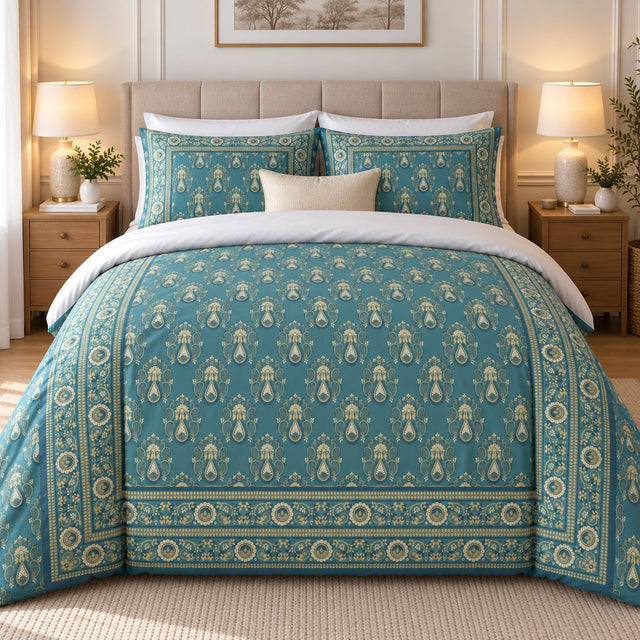 Teal Gold Framed Heritage duvet cover set, front view showing gold paisleys on teal inside a rosette border