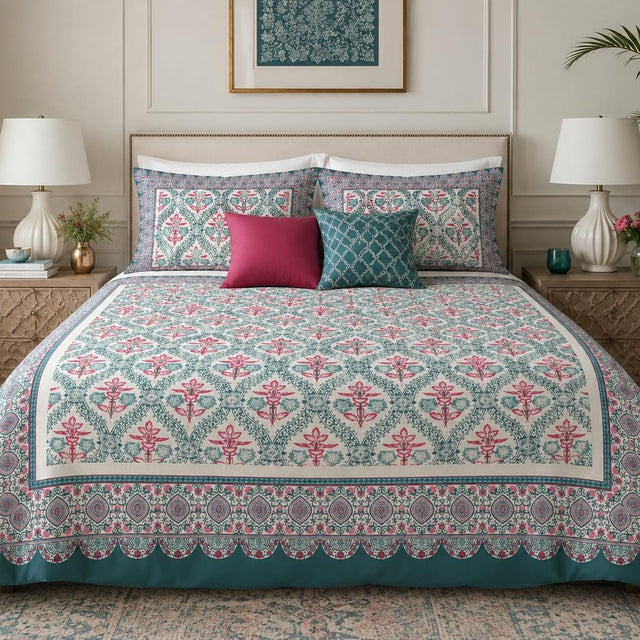 Teal Pink Framed Heritage duvet cover set, front view showing pink florals in a teal damask trellis and scalloped border