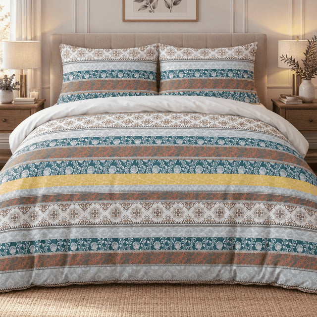 Teal Rust Folk Stripe duvet cover set, front view showing teal lotus, rust paisley and mustard folk stripe bands