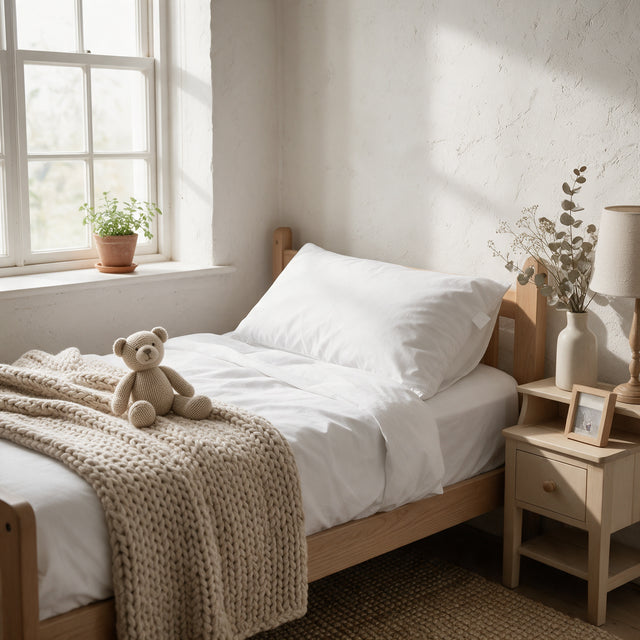 Toddler Pillow on a pale oak toddler bed in a bright bedroom