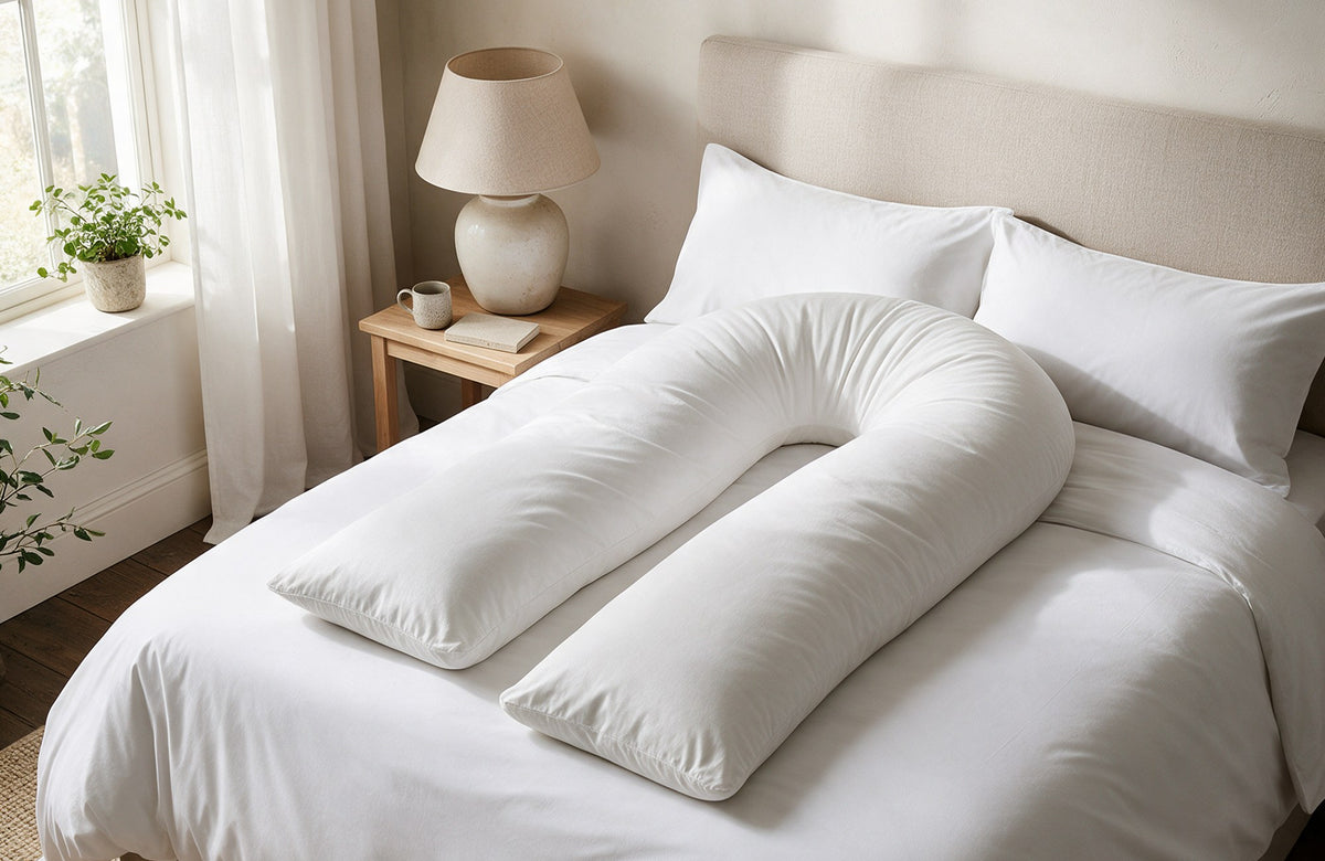 9ft U Body Pillow laid on a made double bed