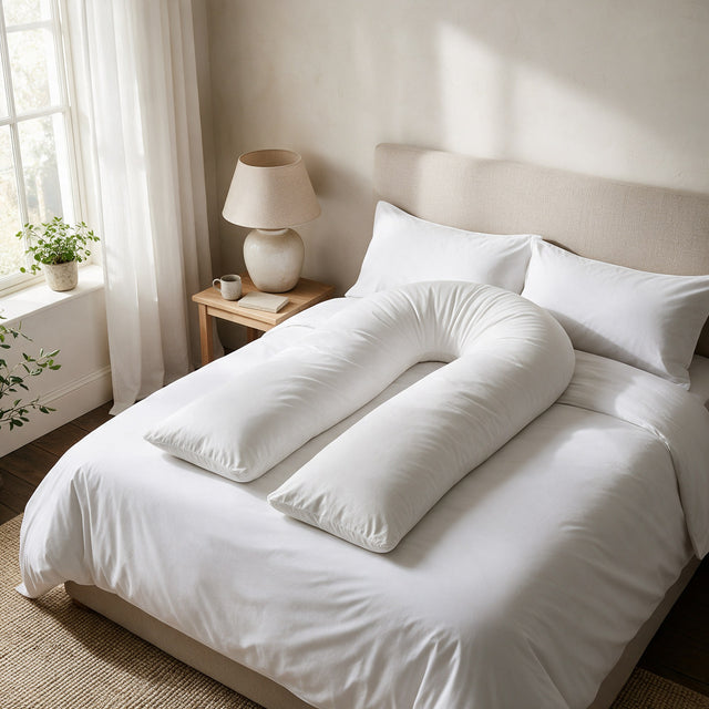 9ft U Body Pillow laid on a made double bed
