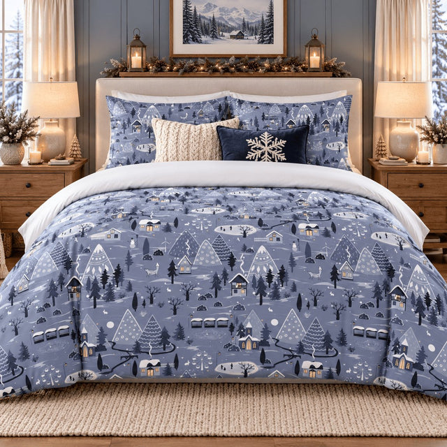Winter Village Christmas duvet cover set, front view showing blue village print with snowflake cushion