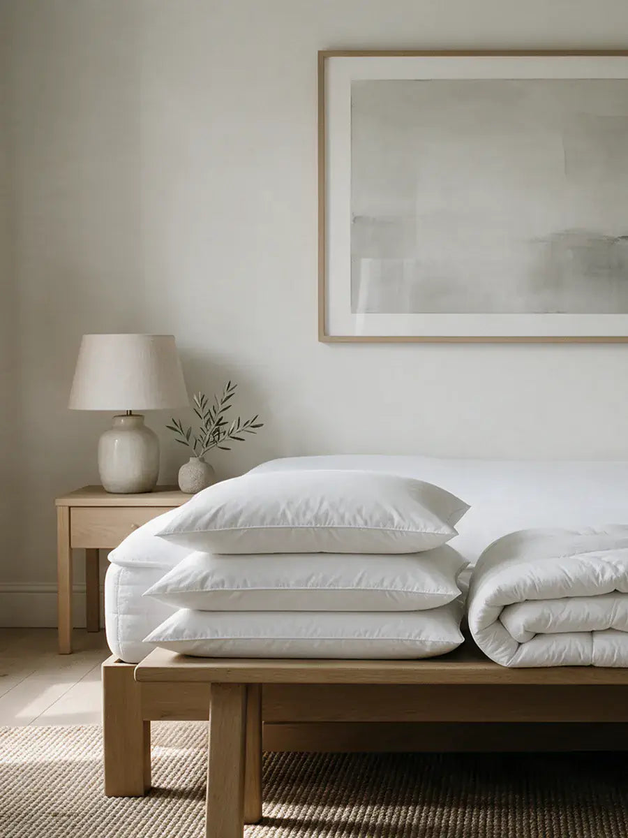 White hotel pillows and a folded microfibre duvet on an oak bench at the foot of a bed