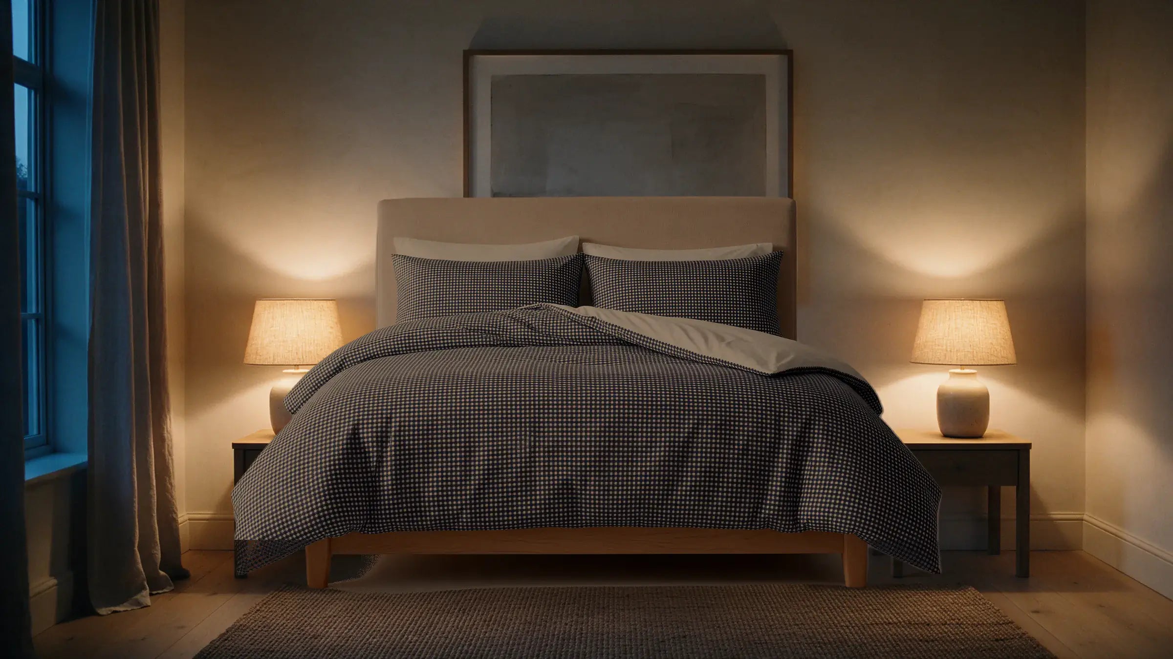 The same bedroom at night with the Navy Gingham duvet cover turned down under a lit lamp