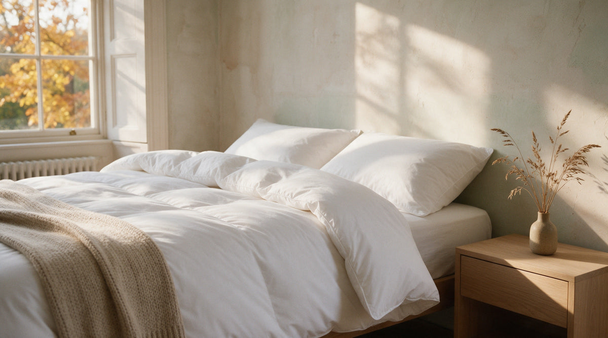 Medium-weight white duvet turned down on a bed in a bedroom with golden autumn light