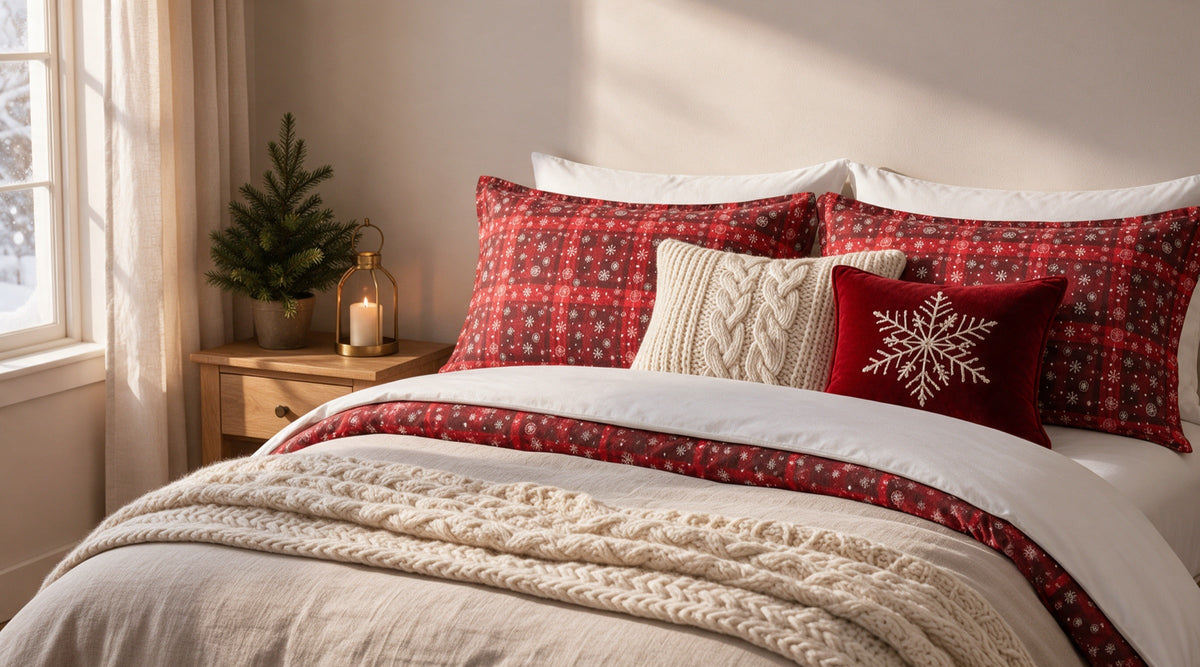 Red tartan Christmas duvet cover set on an oat linen bed with a cream knit throw and a small fir tree