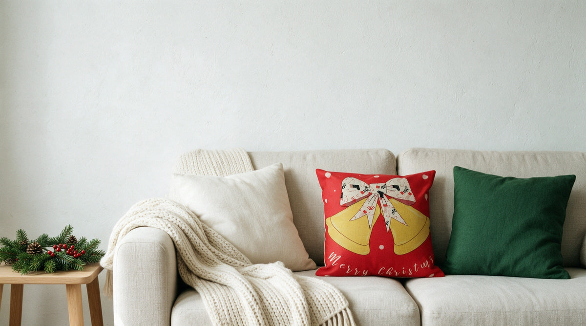 Oat linen sofa with a festive printed Christmas cushion between cream and green cushions and a knit throw