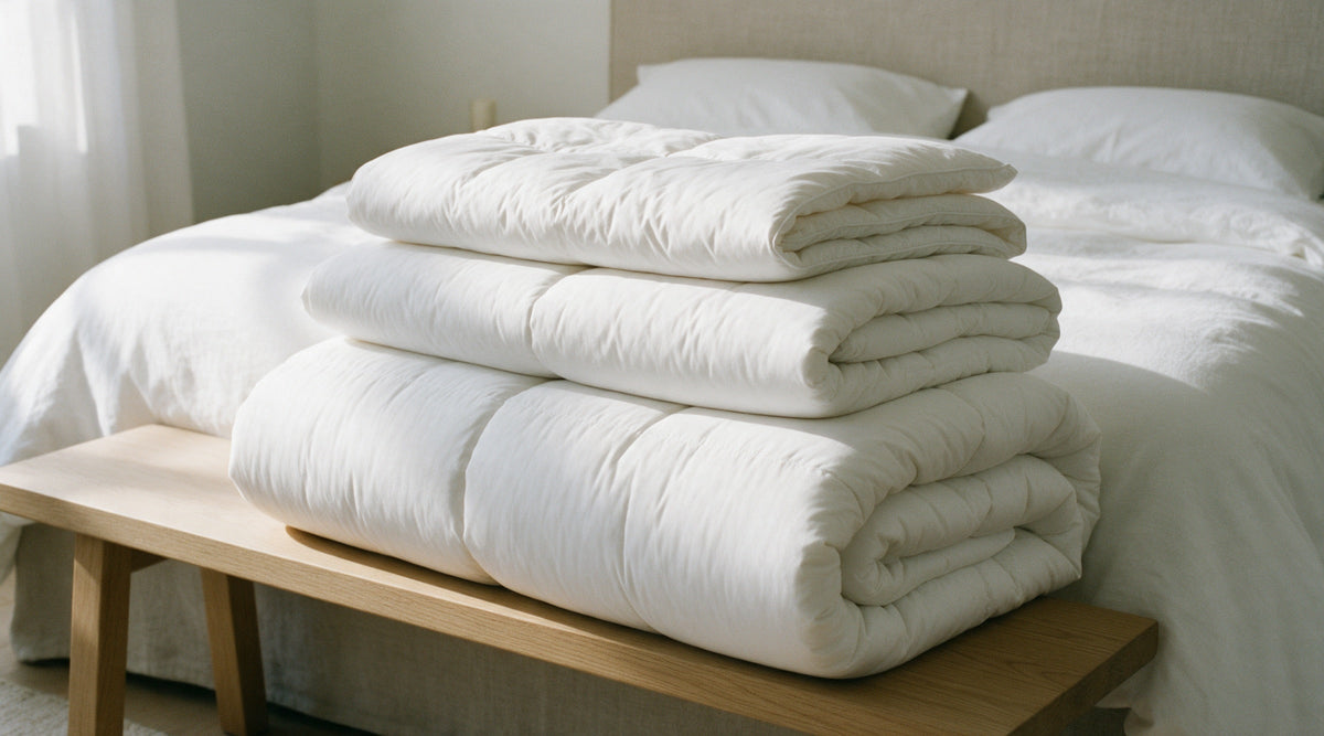 Three white duvets of different thicknesses folded and stacked on an oak bench at the foot of a bed