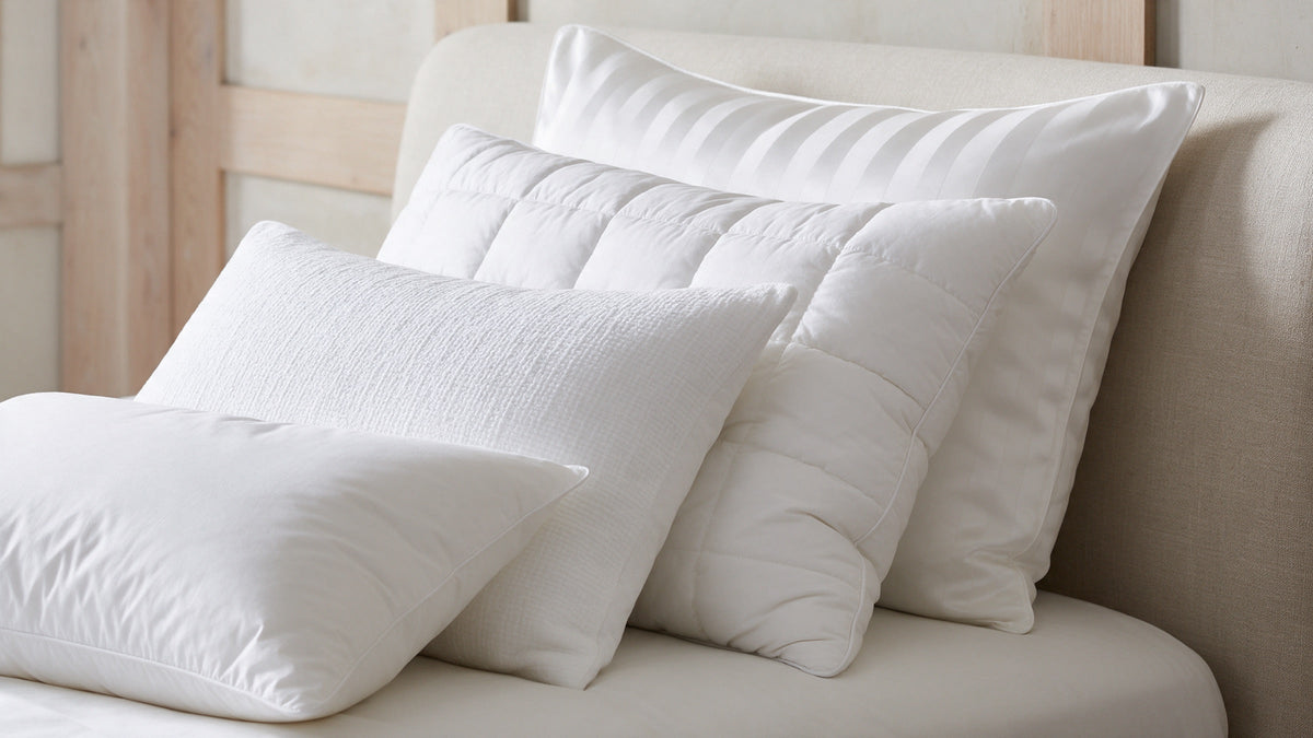 Four white bed pillows of different heights stacked against an oat linen headboard