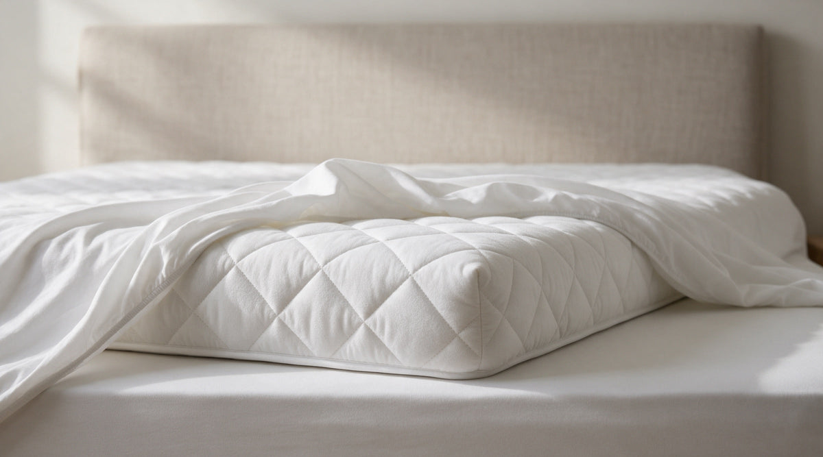 Corner of a white quilted 10 cm mattress topper turned back on a mattress, showing its depth and stitching