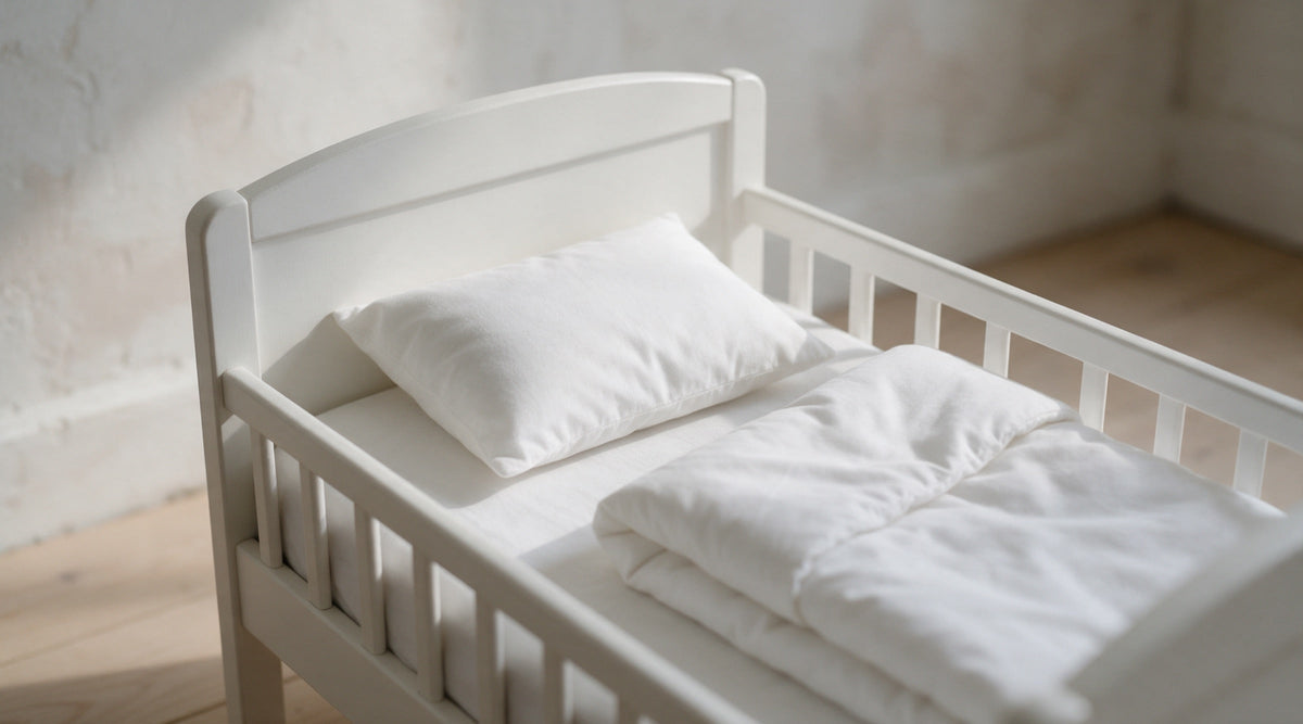 Small flat white toddler pillow in a cotton pillowcase on a neatly made toddler bed