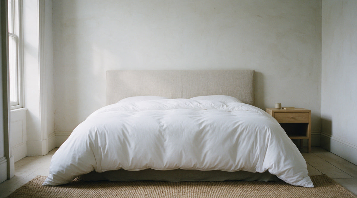 Plump white duvet in a white cover hanging evenly down both sides of a double bed