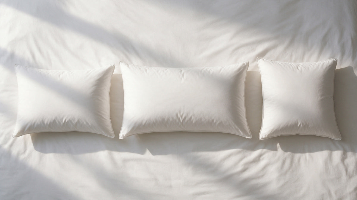 Overhead view of three white pillows of different sizes laid side by side on white bed linen