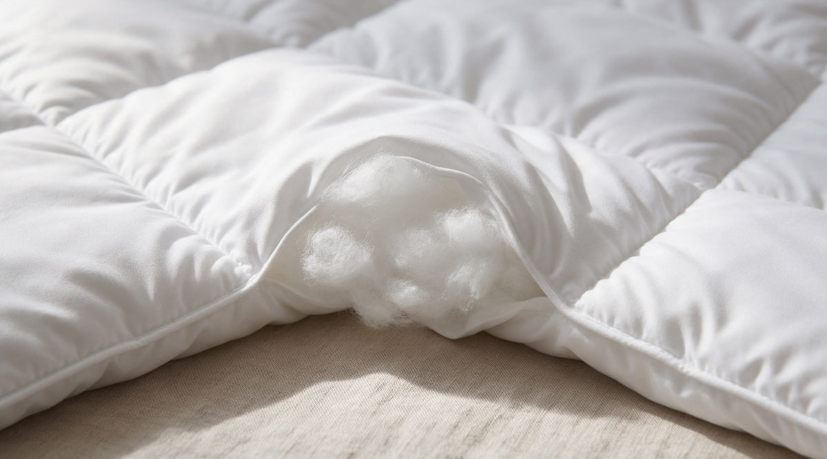 Close-up of the edge of a white microfibre duvet showing soft hollowfibre filling and stitched channels