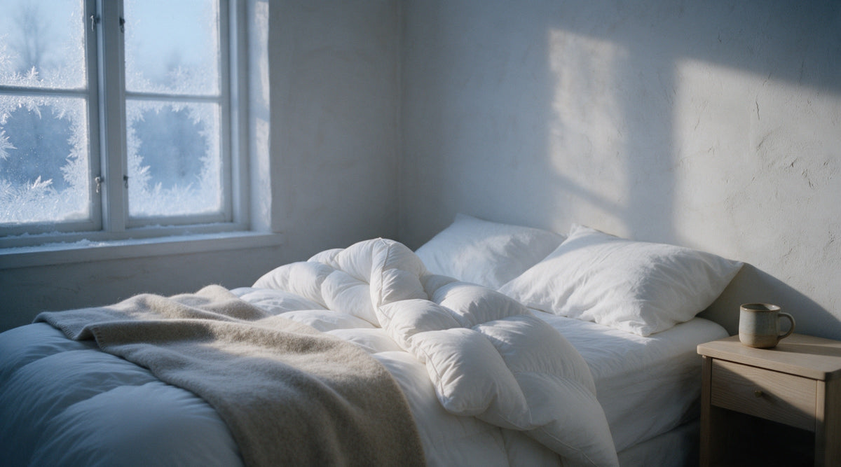 Thick white duvet folded back on a bed in a winter bedroom with frost on the window