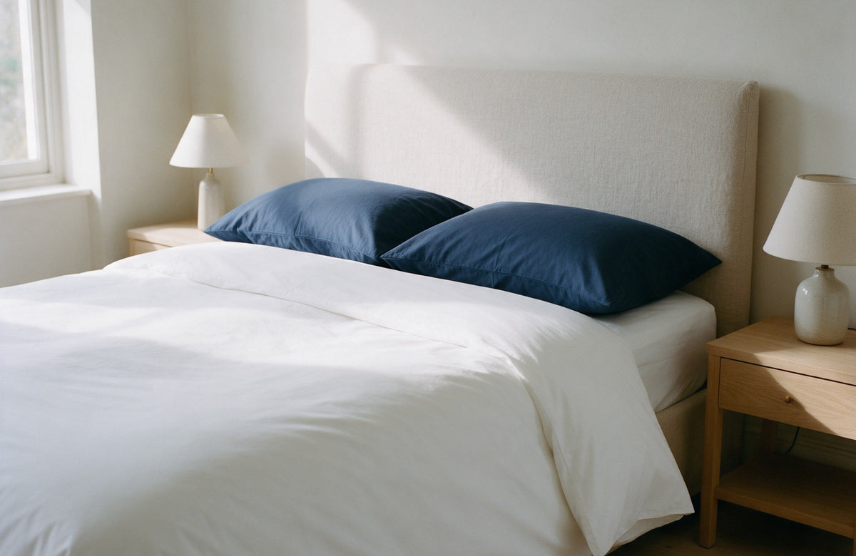 Navy cotton blend pillowcases on a made bed