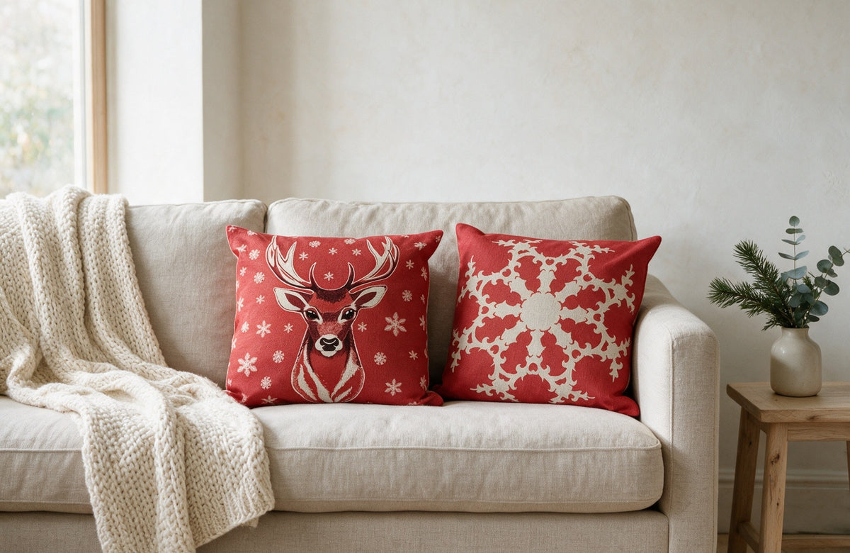Christmas cushion covers on a linen sofa