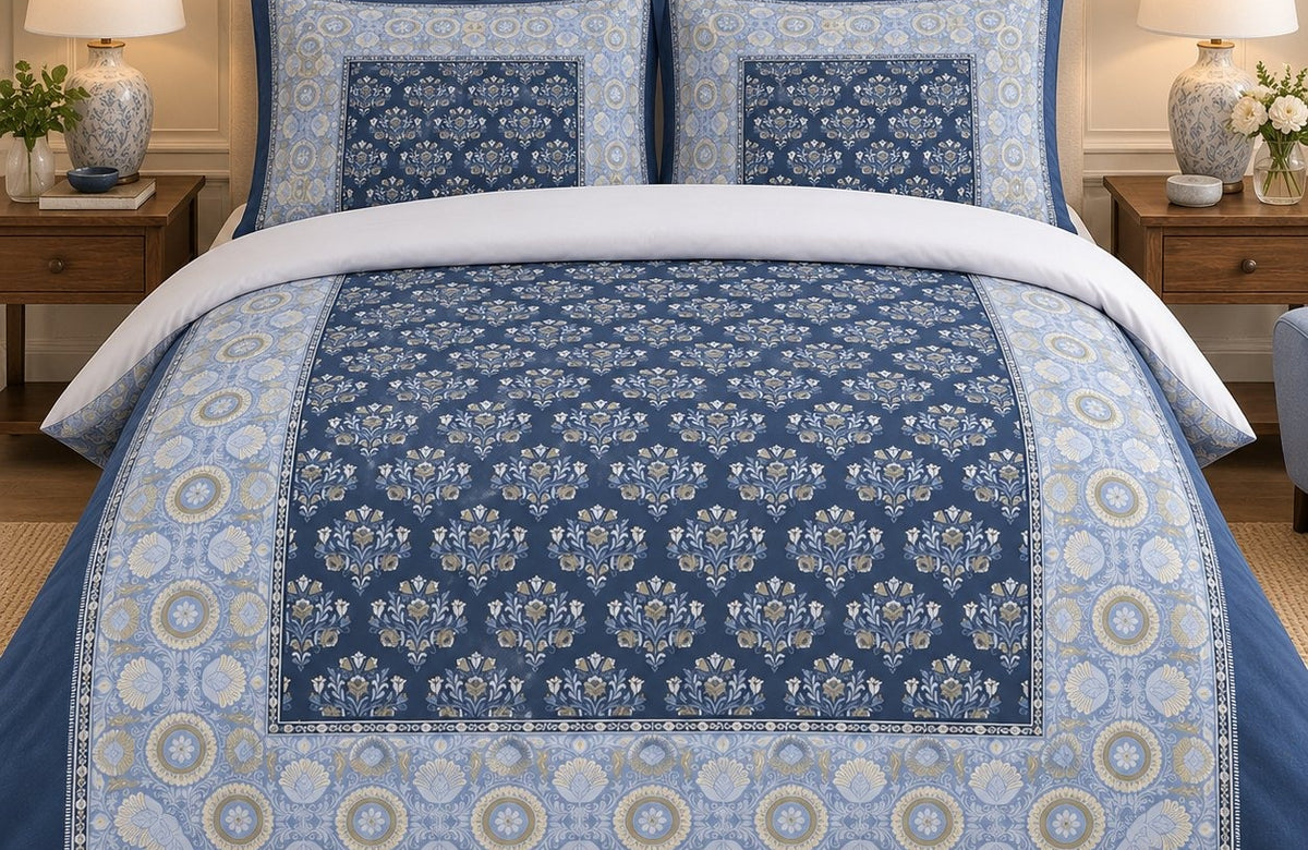 Navy cornflower framed heritage duvet cover set on a bed
