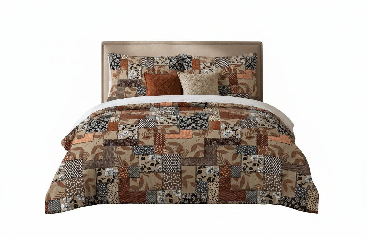 Rustic floral patchwork duvet cover set on a bed