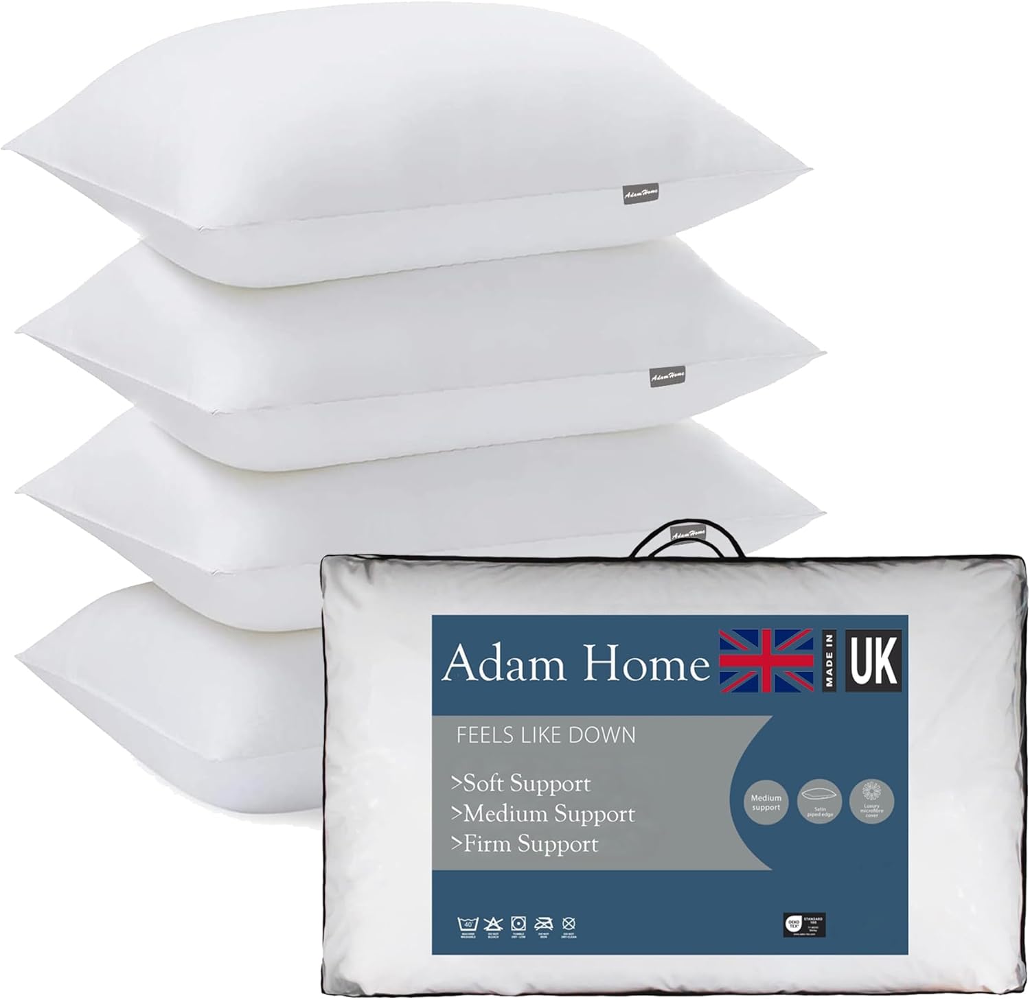 Adam Home Hotel Quality Pillows (2 Pack) – Side Sleeper, Quick Rebound, Dust Proof, Premium Filled