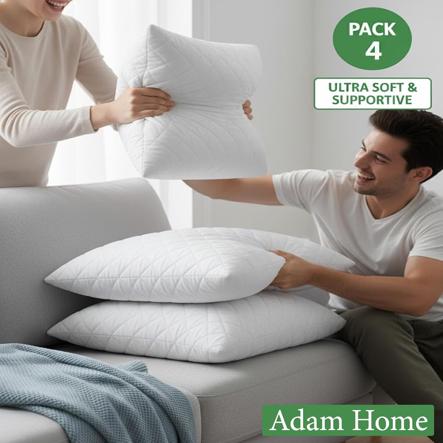 Adam Home Cushion Inserts 30cm x 45cm (12" x 18" inches) 4 Pack Hotel Quality Polycotton Quilted Cover Hypoallergenic Fluffy White Cushions Inner Bounce Back Hollowfibre Cushion Pads for Sofa