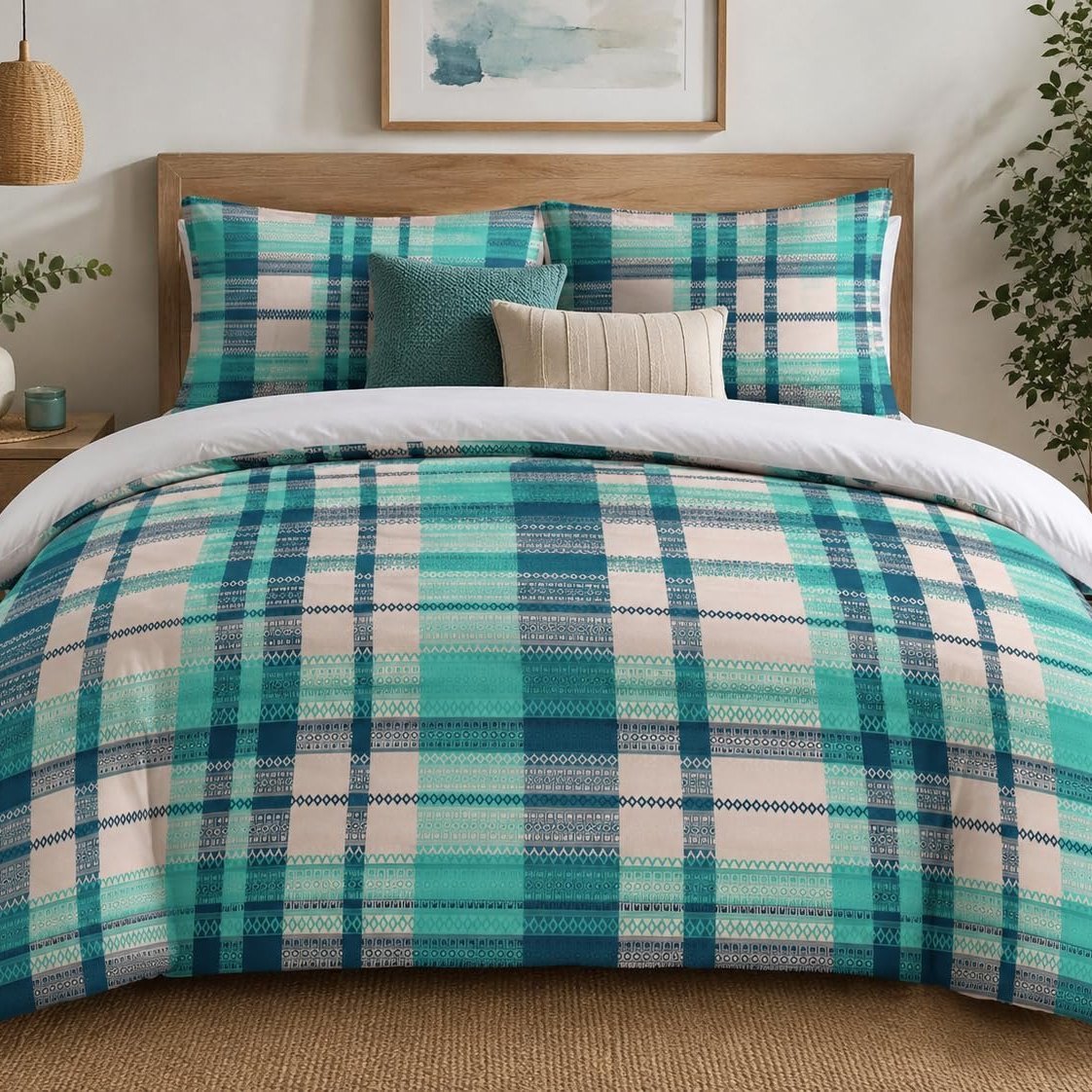 Aqua Plaid duvet cover set, front view showing turquoise and teal stripes with diamond motifs on blush cream